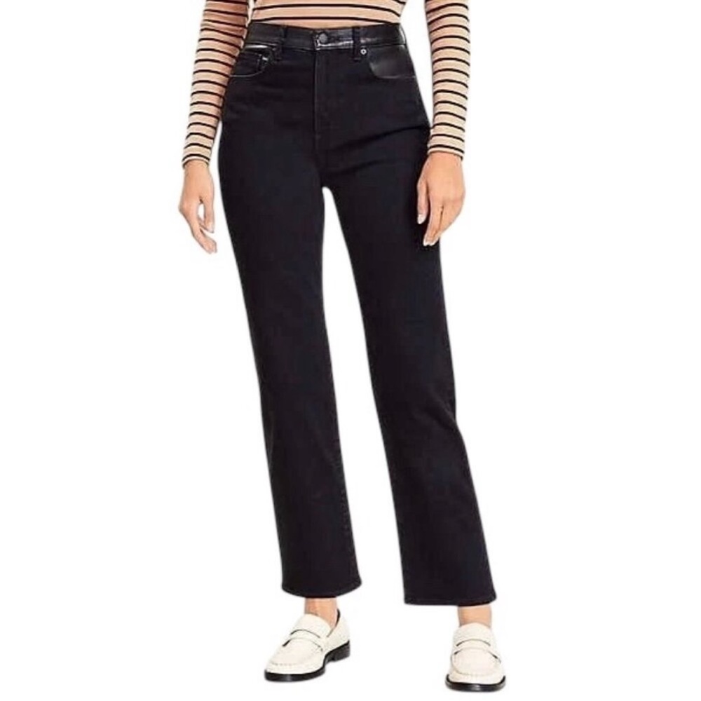 LOFT Faux Leather Trim Black Straight Leg Jeans in 31/12‎